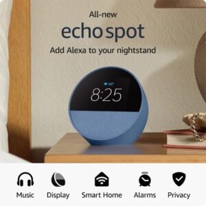 All-new Amazon Echo Spot (newest model), Great for nightstands, offices and kitchens, Smart alarm clock with Alexa, Ocean Blue