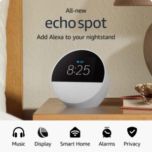 All-new Amazon Echo Spot (newest model), Great for nightstands, offices and kitchens, Smart alarm clock with Alexa, Glacier White