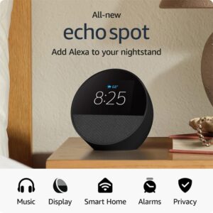 All-new Amazon Echo Spot (newest model), Great for nightstands, offices and kitchens, Smart alarm clock with Alexa, Black