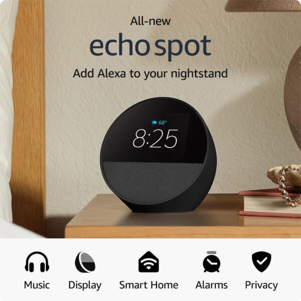 All-new Amazon Echo Spot (newest model), Great for nightstands, offices and kitchens, Smart alarm clock with Alexa, Black