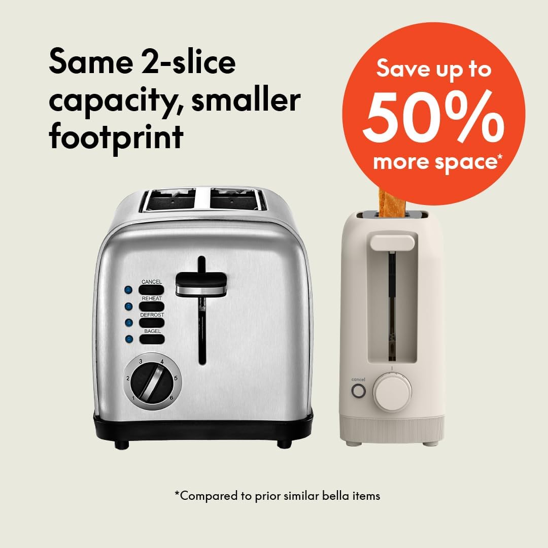 bella 2 Slice Slim Toaster, Fits-anywhere™ Kitchenware, 6 Setting Shade Control with Reheat & Cancel Buttons, Removable Crumb Tray, 10” Long Slot, Anti Jam & Auto Shutoff, 900…