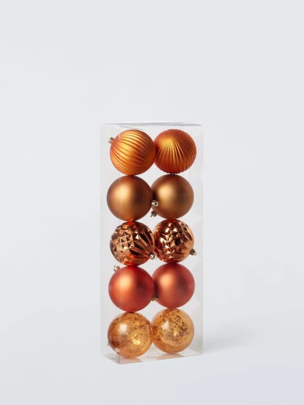 John Lewis Assorted Shatterproof Baubles, Box of 10, Copper