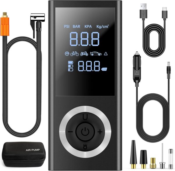 Tire Inflator Portable Air Compressor, 150 PSI Cordless Air pump with Rechargeable Battery, Tire Pressure Gauge, 12V Car Power Adapter, Smart Pump for Car, Motorcycle, Bike, Ball