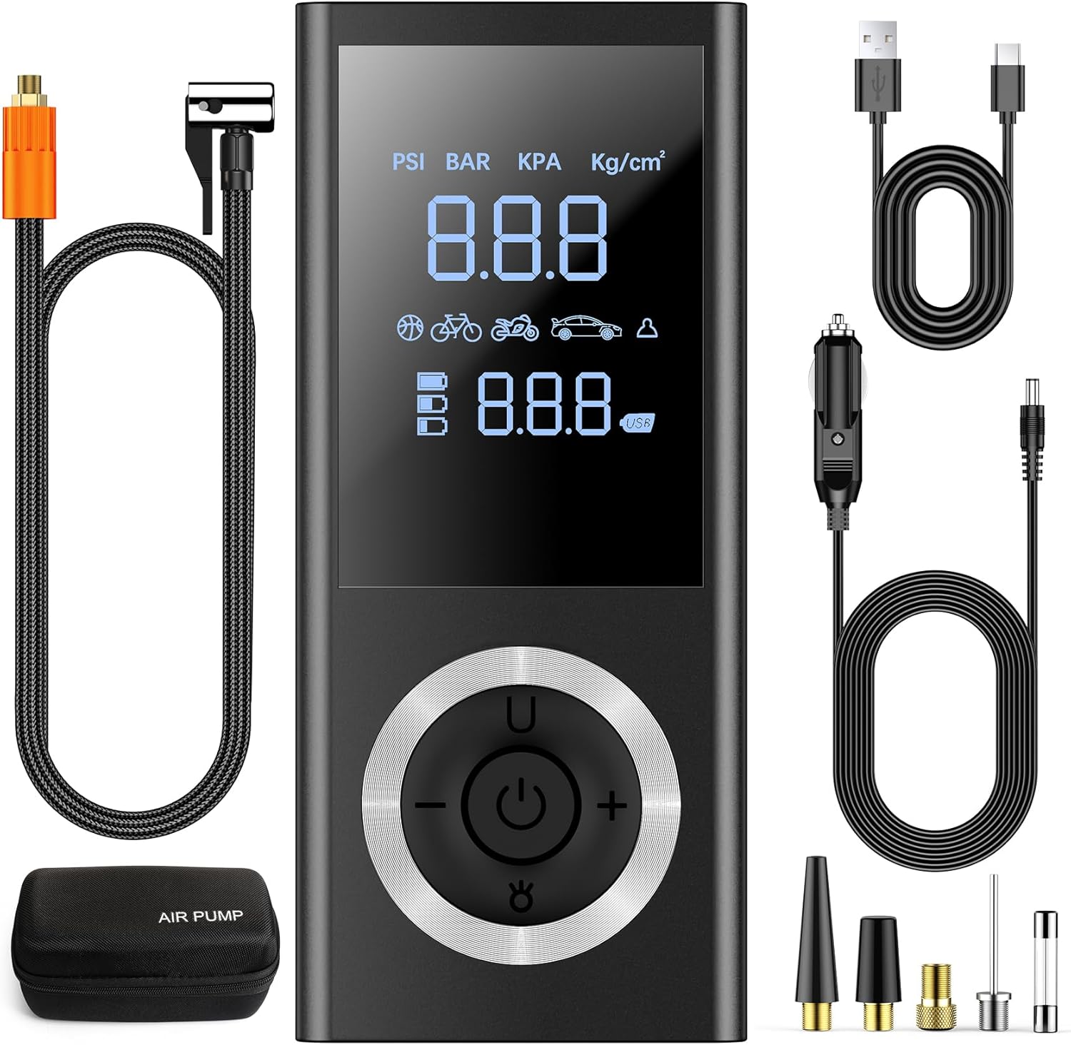 Tire Inflator Portable Air Compressor, 150 PSI Cordless Air pump with Rechargeable Battery, Tire Pressure Gauge, 12V Car Power Adapter, Smart Pump for Car, Motorcycle, Bike, Ball